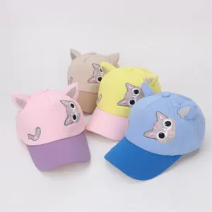 Cute kids cartoon baseball caps with cat ears and sequin embroidery in four colors