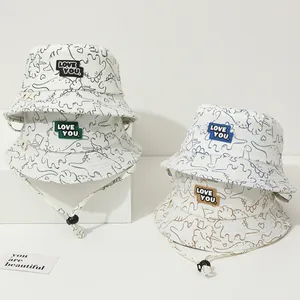 Kids Cotton Blend Dinosaur Print Bucket Hat With Adjustable Windproof Rope Sun Protection Fisherman Hat Toddler Sunshade Cap