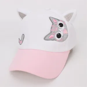 Close-up of cute cat ear baseball cap with detailed cat embroidery and glitter finish