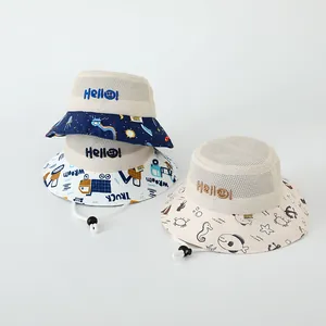 Breathable mesh sun hats for kids with cartoon prints and adjustable chin straps