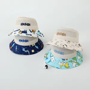 Detail of four breathable mesh sun hats for kids featuring cute animal and vehicle prints