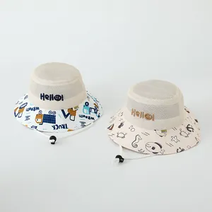 Detail view of breathable mesh kids sun hats with cartoon patterns and windproof chin strap
