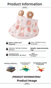 Infographic detailing pink toddler sun hat features with cute bear ears and cotton fabric