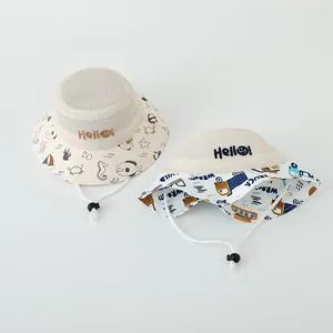 Kids breathable mesh bucket sun hat with cartoon prints and Hello embroidery details