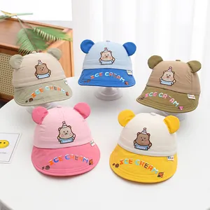 Chapeau Bob Enfant Mignon avec Oreilles d'Ours Dessin Animé Broderie Couleur Contrastée Protection Solaire Respirant Mélange de Coton pour Garçons Filles