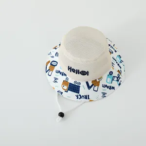 Breathable mesh baby sun hat with cute cartoon truck print and adjustable chin strap
