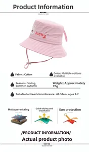 Pink cotton kids sun hat with rabbit embroidery and adjustable chin strap details