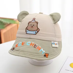 Chapeau de soleil bébé ours de dessin animé avec oreilles et broderie Happy