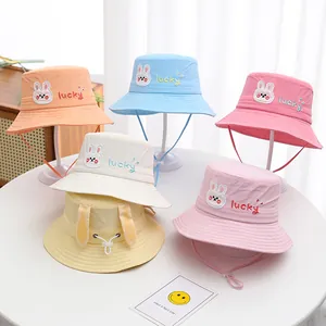 Children Cartoon Rabbit Fisherman Hat With Adjustable Windproof Rope Embroidery Lucky Sunshade Bucket Hat For Boys Girls
