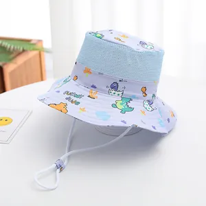 Detail of purple mesh sun hat for kids featuring cute dinosaur prints and windproof rope