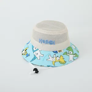Detail of breathable mesh crown and cartoon bear print on children's summer sun hat