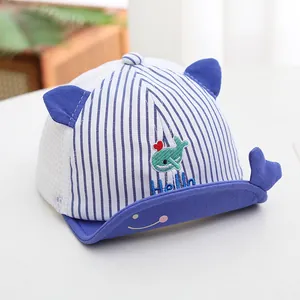 Blue and white striped baby mesh sun hat with cute whale embroidery and 3D fish fin detail