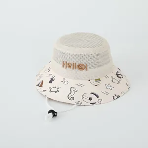 Breathable mesh baby sun hat with ocean illustrations and adjustable chin strap