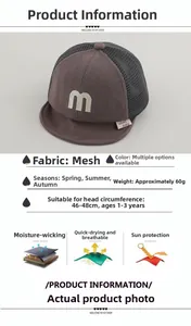 Detail showing breathable mesh fabric and 'M' embroidery on children's baseball cap