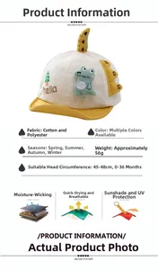 Détail d'une casquette bébé montrant le tissu respirant, le patch dinosaure et les tailles