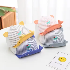 Cute kids striped mesh sun hat with whale embroidery in yellow, orange, blue and grey