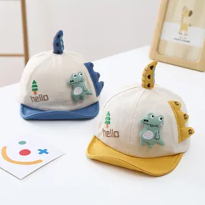 Casquettes de baseball dinosaure pour bébé en bleu et jaune avec visière souple 3D