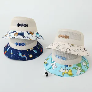 Kids Mesh Fisherman Hat Cartoon Animal Print Breathable Sun Protection Summer Beach Bucket Hat With Windproof Rope For Boys Girls