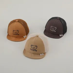 Breathable baby mesh baseball cap with cute bear embroidery and M letter in three colors