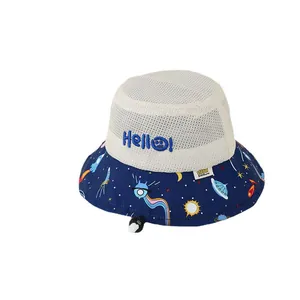 Kids breathable mesh sun hat with cartoon space patterns and adjustable wind rope