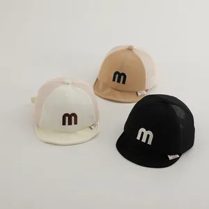 Breathable baby mesh baseball hats with soft brim in white, khaki and black colors