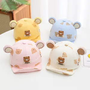 Baby baseball caps set with bear prints and 3D ears in pastel yellow, blue, pink and beige