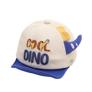 Kids dinosaur mesh baseball cap with 3D fins and cool dino embroidery on white background