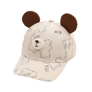 Casquette bébé beige avec oreilles 3D et motifs d'ours pour garçons et filles