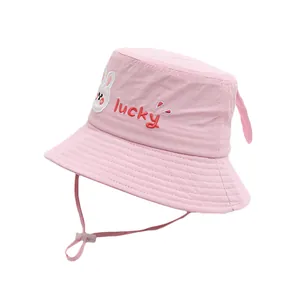 Pink toddler sun hat with embroidered lucky rabbit and adjustable windproof chin strap