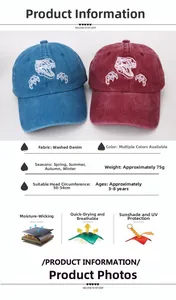 Détails techniques de casquettes dinosaure en denim lavé pour enfants, respirantes et d'été
