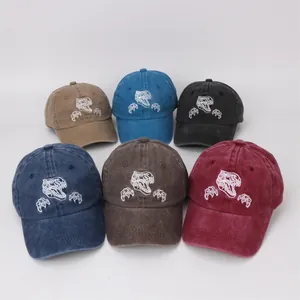 Détails de six casquettes de baseball en coton lavé avec broderie de crâne de dinosaure