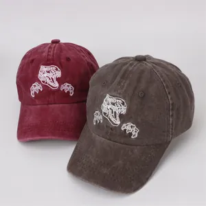 Détail de casquettes de baseball en coton lavé pour enfants avec broderie dinosaure