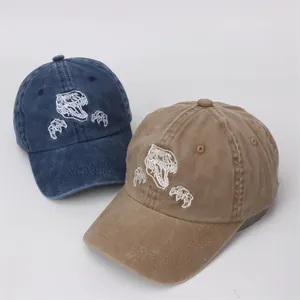 Casquettes de baseball en coton lavé pour enfants avec broderie de dinosaure bleu et kaki