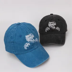 Gros plan de la broderie de dinosaure sur casquettes en coton délavé pour enfants en bleu