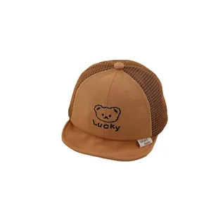 Breathable baby baseball cap with brown mesh design and cute bear embroidery for summer