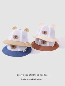 Detail of infant summer mesh sun hats featuring cute bear ears and breathable fabrics