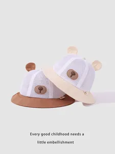 Breathable mesh baby bucket hat with cute bear ears in brown and beige colors