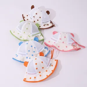 Detail of baby summer sun hats with breathable mesh, polka dots, and cute 3D ears