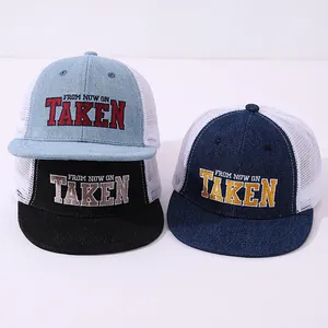 Kids Denim Trucker Hat Breathable Mesh Baseball Cap Flat Brim Embroidery Letter Hip Hop Sun Hat For Boys Girls