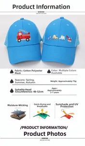 Détail du filet respirant et de la broderie de camion sur une casquette bleue pour enfant