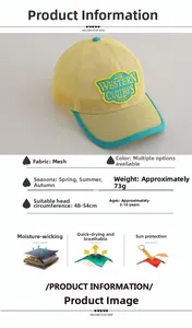 Détails du tissu en maille et broderie sur une casquette de soleil jaune et bleue enfant