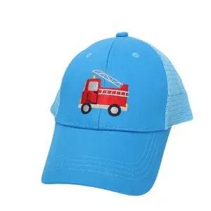 Casquette de baseball bleue pour enfants avec broderie camion pompier et mesh