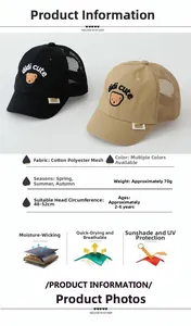 Detail showing breathable mesh back and cartoon bear embroidery on kids baseball caps
