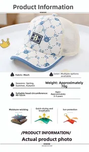 Detail of breathable mesh kids baseball cap featuring blue bear print and JIA B YIF logo