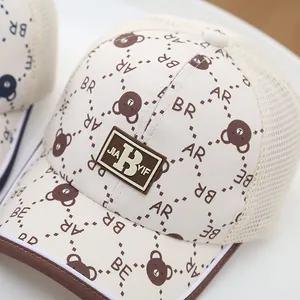 Kids breathable mesh baseball cap with cartoon bear prints and retro vintage patch