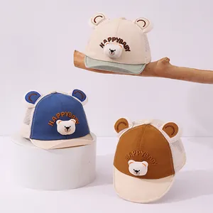 Three mesh baby baseball caps with bear ears and HappyBaby embroidery for sun protection