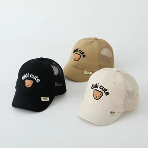 Breathable mesh baseball caps for toddlers featuring cute bear embroidery in three colors