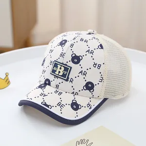 Detail view of toddler sun hat featuring bear print and breathable mesh design