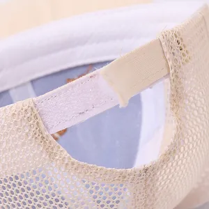 Detail of adjustable velcro strap and breathable mesh on beige baby baseball cap