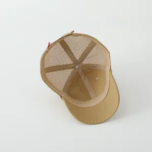 Macro detail of breathable mesh fabric on kids baseball cap with reinforced stitching